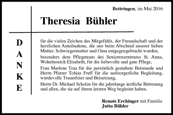 Traueranzeige von Theresia Bühler von Gmünder Tagespost