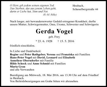 Traueranzeige von Gerda Vogel von Gmünder Tagespost