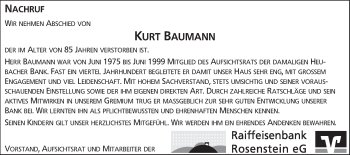 Traueranzeige von Kurt Baumann von Gmünder Tagespost