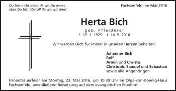 Traueranzeige von Herta Bich von Schwäbische Post