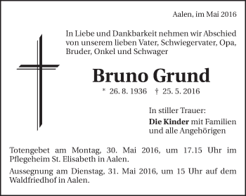Traueranzeige von Bruno Grund von Schwäbische Post