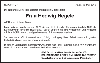 Traueranzeige von Hedwig Hegele von Schwäbische Post