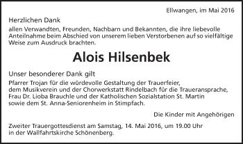 Traueranzeige von Alois Hilsenbek von Schwäbische Post