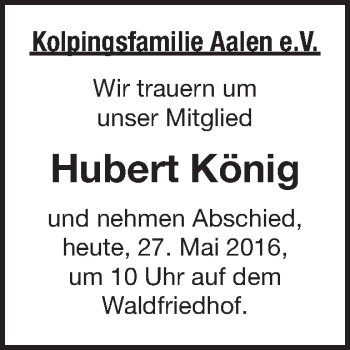 Traueranzeige von Hubert König von Schwäbische Post