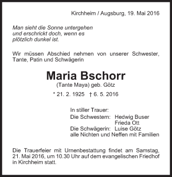 Traueranzeige von Maria Bschorr von Schwäbische Post