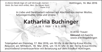 Traueranzeige von Katharina Buchinger von Schwäbische Post