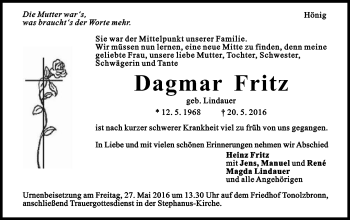 Traueranzeige von Dagmar Fritz von Gmünder Tagespost