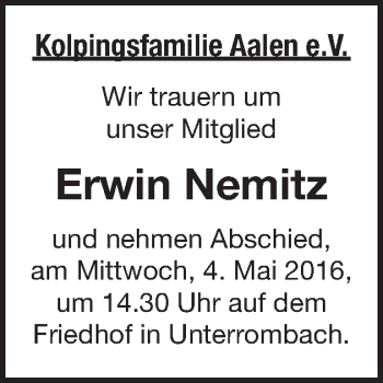 Traueranzeige von Erwin Nemitz von Schwäbische Post