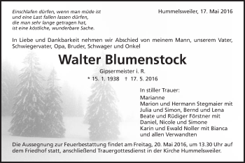Traueranzeige von Walter Blumenstock von Schwäbische Post
