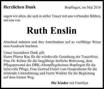 Traueranzeige von Ruth Enslin von Schwäbische Post