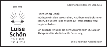 Traueranzeige von Luise Schön von Schwäbische Post