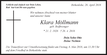 Traueranzeige von Klara Möllmann von Gmünder Tagespost