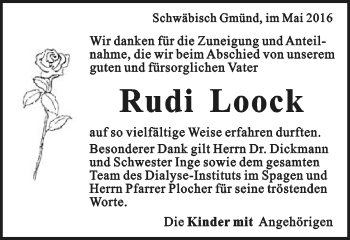 Traueranzeige von Rudi Loock von Gmünder Tagespost