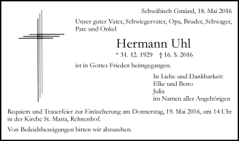 Traueranzeige von Hermann Uhl von Gmünder Tagespost