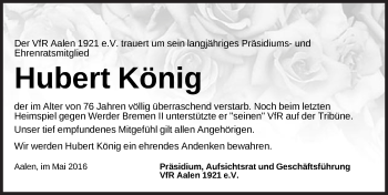 Traueranzeige von Hubert König von Schwäbische Post