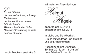 Traueranzeige von Helmut Hägele von Gmünder Tagespost