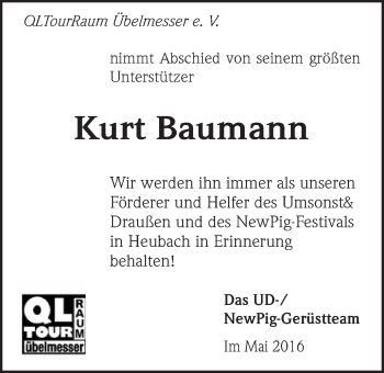 Traueranzeige von Kurt Baumann von Gmünder Tagespost