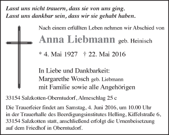 Traueranzeige von Anna Liebmann von Schwäbische Post