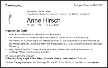 Traueranzeige von Anne Hirsch von Schwäbische Post
