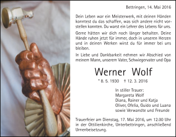 Traueranzeige von Werner Wolf von Gmünder Tagespost
