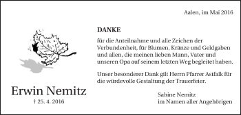 Traueranzeige von Erwin Nemitz von Schwäbische Post