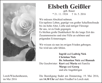 Traueranzeige von Elsbeth Geißler von Gmünder Tagespost