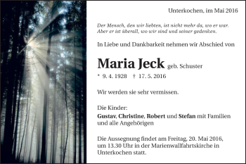 Traueranzeige von Maria Jeck von Schwäbische Post