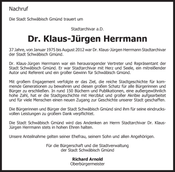 Traueranzeige von Klaus Jürgen Herrmann von Gmünder Tagespost