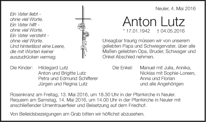  Traueranzeige für Anton Lutz vom 11.05.2016 aus Schwäbische Post