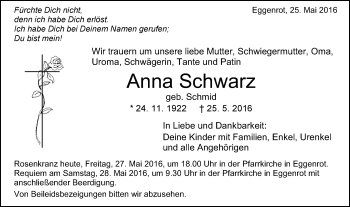 Traueranzeige von Anna Schwarz von Schwäbische Post