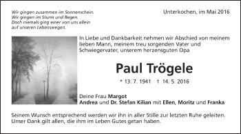 Traueranzeige von Paul Trögele von Schwäbische Post