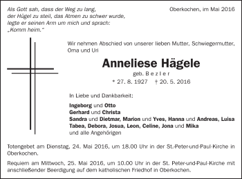 Traueranzeige von Anneliese Hägele von Schwäbische Post