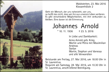 Traueranzeige von Johannes Arnold von Gmünder Tagespost