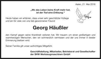 Traueranzeige von Georg Häußler von Schwäbische Post