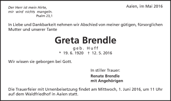 Traueranzeige von Greta Brendle von Schwäbische Post