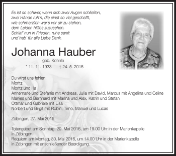 Traueranzeige von Johanna Hauber von Schwäbische Post
