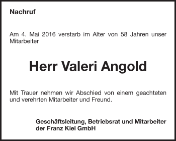 Traueranzeige von Valeri Angold von Schwäbische Post