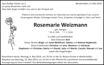 Traueranzeige von Rosemarie Weizmann von Schwäbische Post