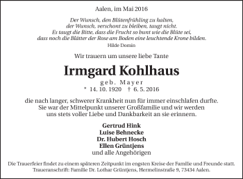 Traueranzeige von Irmgard Kohlhaus von Schwäbische Post