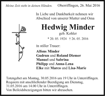 Traueranzeige von Hedwig Minder von Schwäbische Post