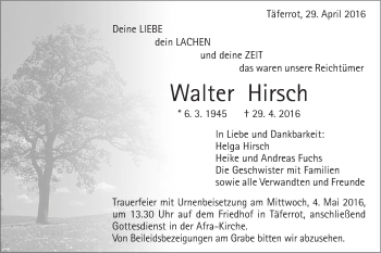 Traueranzeige von Walter Hirsch von Gmünder Tagespost