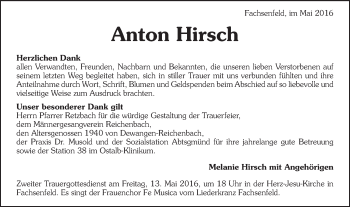 Traueranzeige von Anton Hirsch von Schwäbische Post