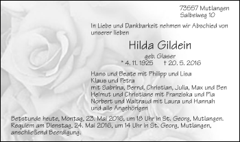 Traueranzeige von Hilda Gildein von Gmünder Tagespost