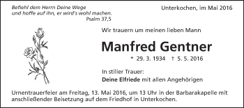 Traueranzeige von Manfred Gentner von Schwäbische Post