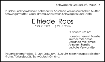 Traueranzeige von Elfriede Roos