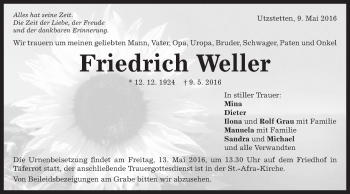 Traueranzeige von Friedrich Weller von Gmünder Tagespost