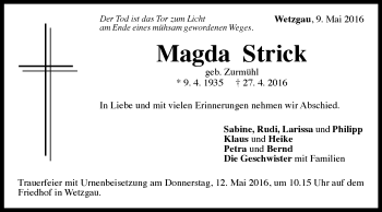 Traueranzeige von Magda Strick von Gmünder Tagespost