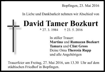 Traueranzeige von David Tamer Bozkurt von Schwäbische Post