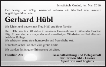Traueranzeige von Gerhard Hübl