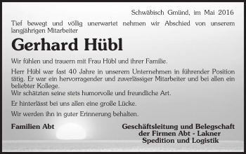 Traueranzeige von Gerhard Hübl von Gmünder Tagespost